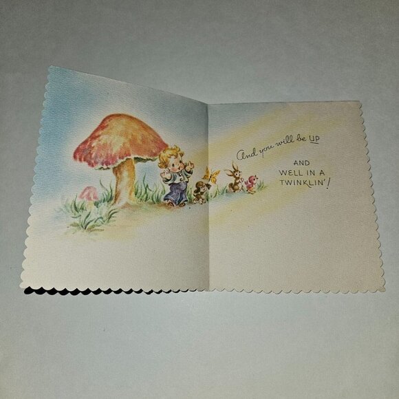 VTG Get Well Greeting Card Boy Mushroom Rain Animal Scalloped Edges Harry Doehla - Picture 4 of 7